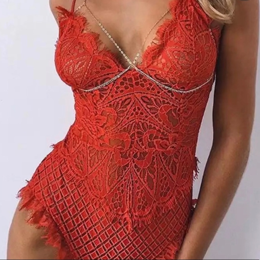 Red eyelash lace bodysuit teddy
